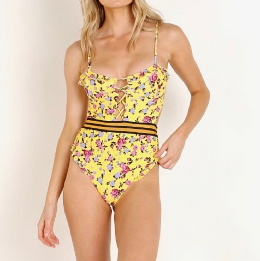 For Love & Lemons Floral Yellow Swimsuit XS Paulina